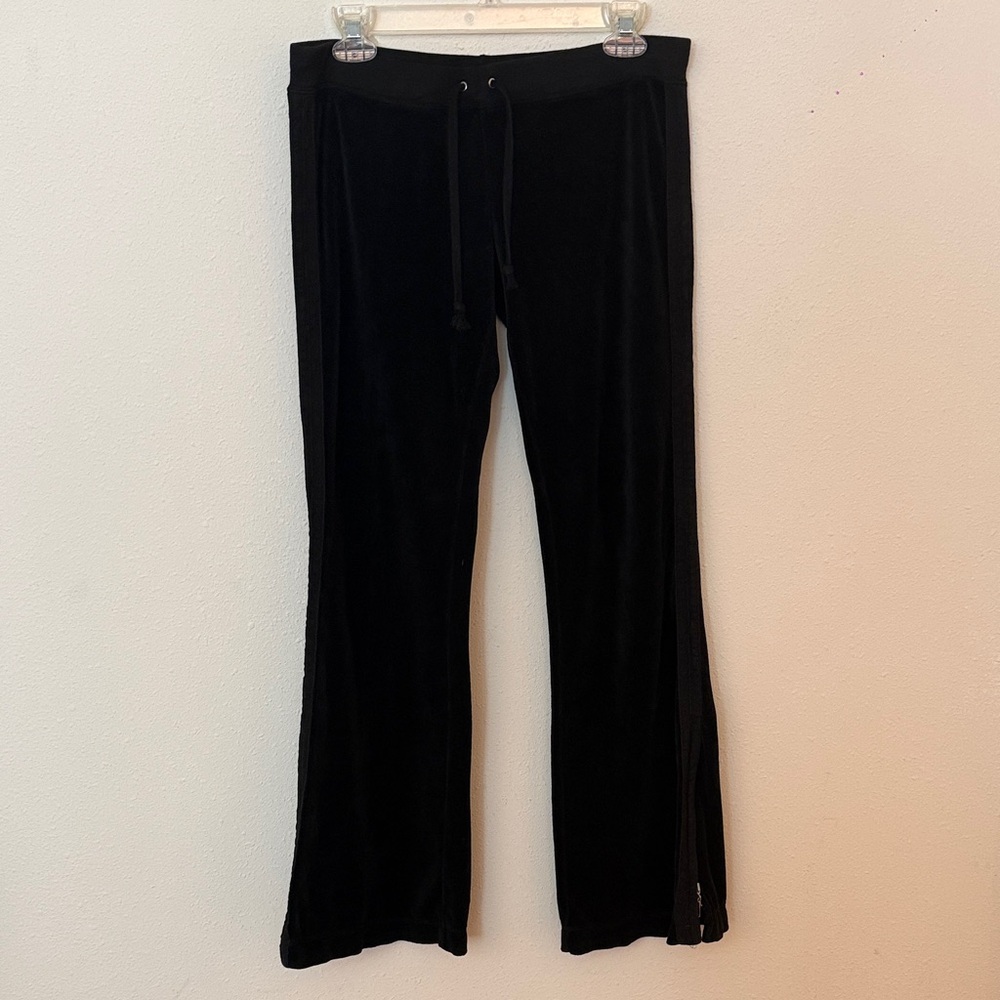 Juicy Couture Vintage Black Velour Flared Pants w/ Jzippers & Striped Trim SizeS